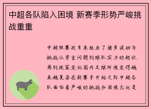 中超各队陷入困境 新赛季形势严峻挑战重重