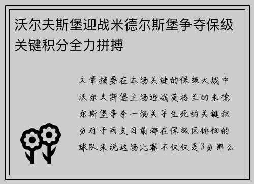 沃尔夫斯堡迎战米德尔斯堡争夺保级关键积分全力拼搏