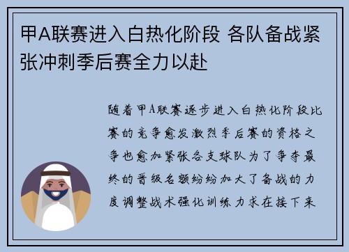 甲A联赛进入白热化阶段 各队备战紧张冲刺季后赛全力以赴