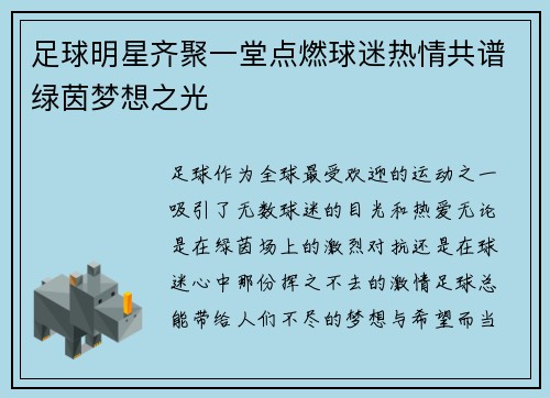 足球明星齐聚一堂点燃球迷热情共谱绿茵梦想之光