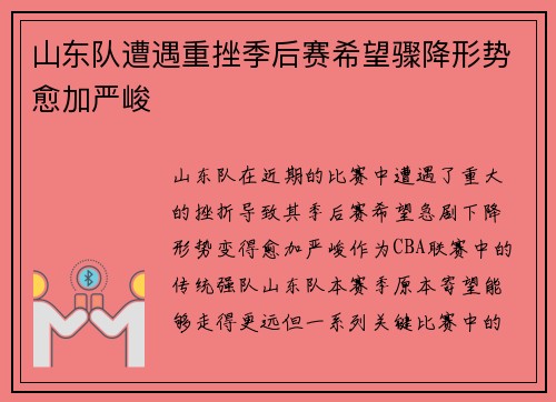 山东队遭遇重挫季后赛希望骤降形势愈加严峻