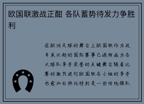 欧国联激战正酣 各队蓄势待发力争胜利